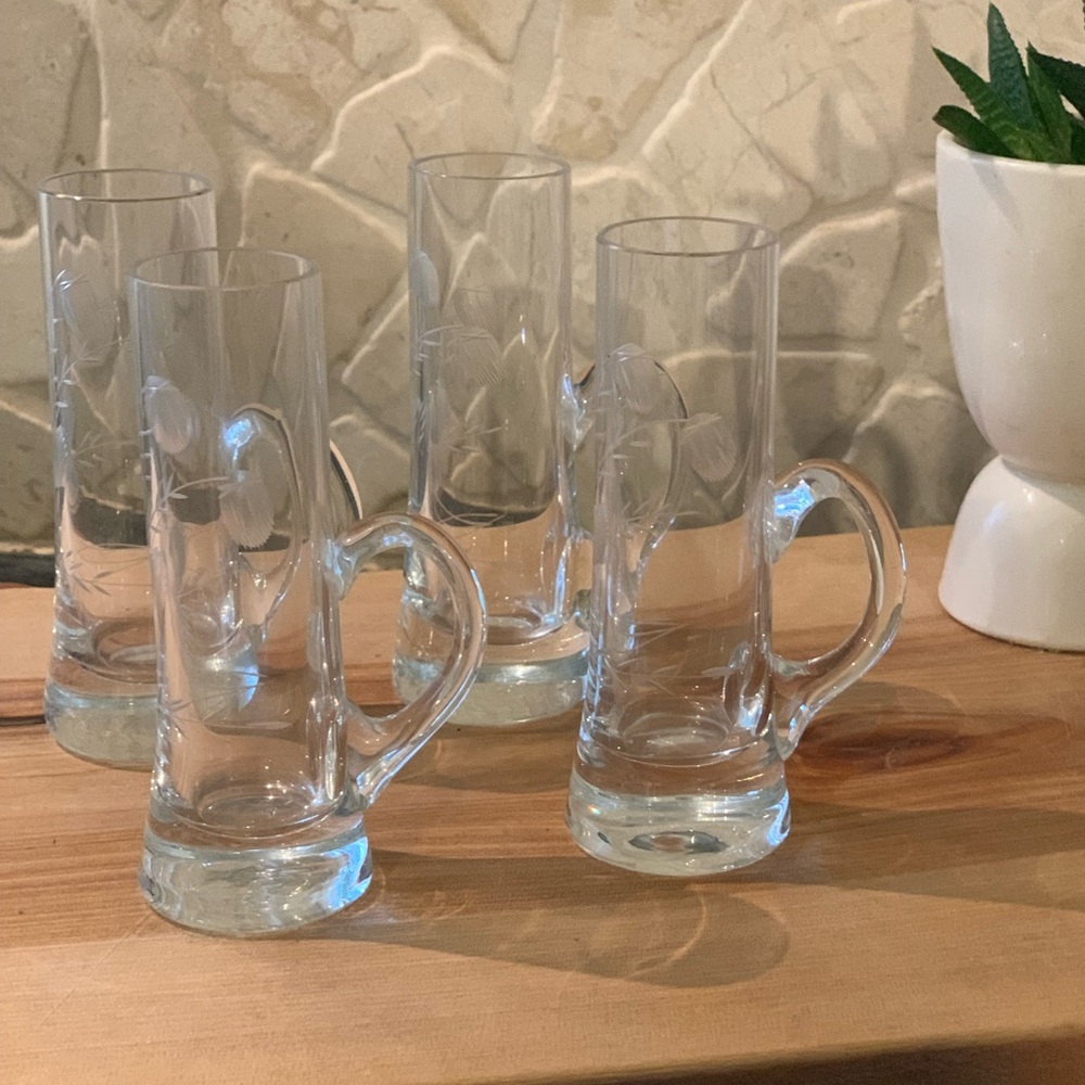 VINTAGE | Set of 4 | Etched Crystal Shot Cordial Glasses with Handles